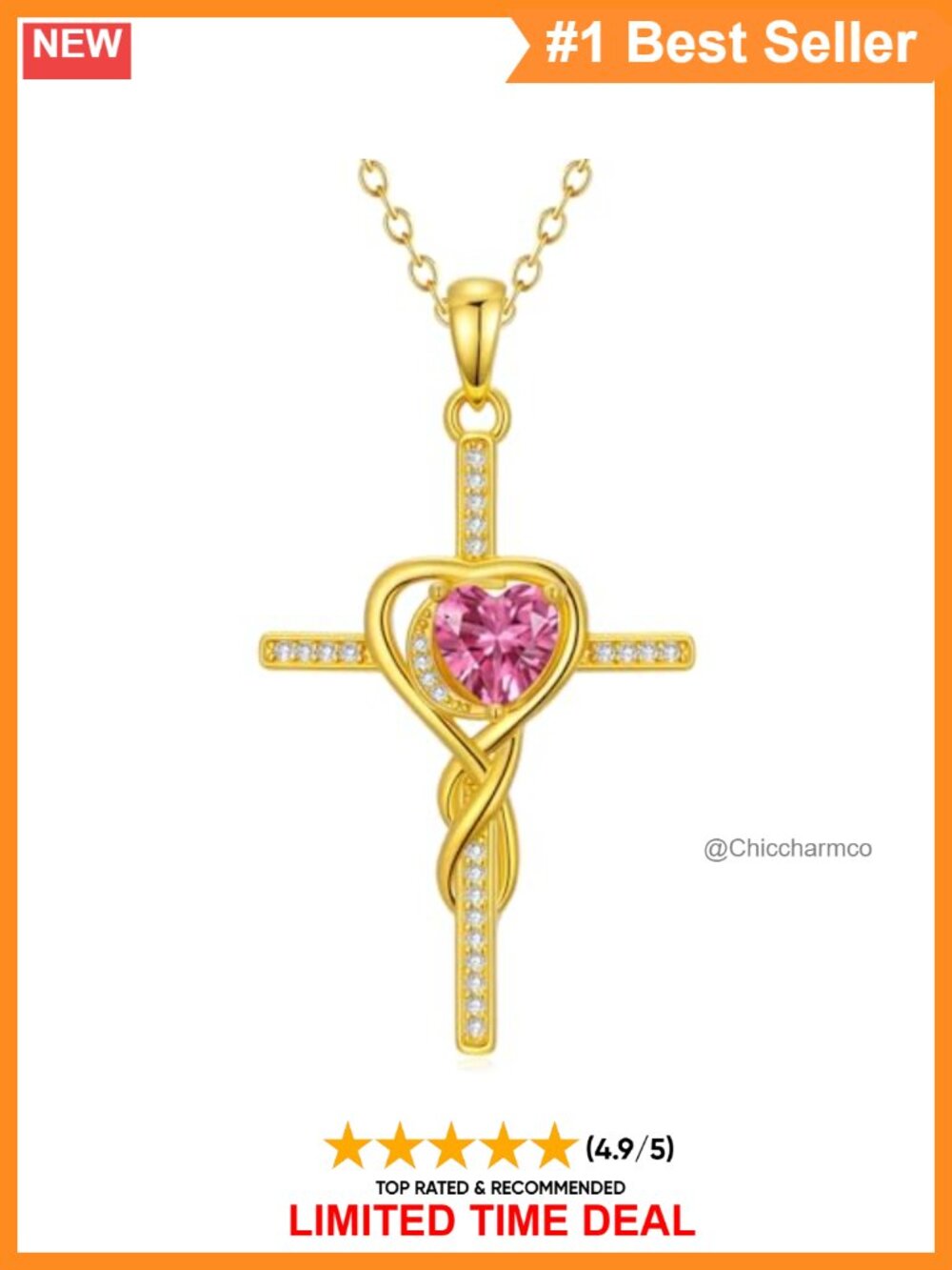 14K Gold Plated Heart Cross Birthstone Necklace 18+2 in Cable Chain Women